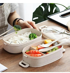 Hộp Đựng Cơm Văn Phòng Lúa Mạch 2 Tầng Tặng Kèm Đũa, Muỗng, Nĩa - HENRYSA