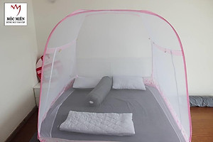 Màn đỉnh rộng tự bung cao cấp Mộc Miên loại trắng viền hồng loại 1m6x2m - 3 cửa 