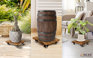 Kệ Để Chậu Cây Có Bánh Xe ANKAN, Đế Để Chậu Cây, Kệ Giá Đỡ Chậu Hoa Cây Cảnh, Hình Vuông Màu Vàng R30 Cm, Tải 150kg