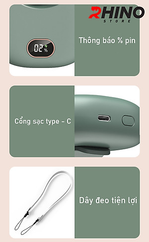 Quạt cầm tay mini siêu mát Rhino F301 tích điện với 3 mức độ gió, lưu lượng cao kèm dây treo - Hàng chính hãng