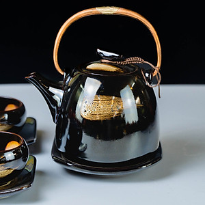 Bộ ấm chén men hỏa biến phẩy dáng siêu nước đầy đủ phụ kiện