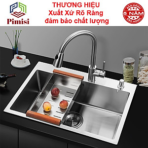 Chậu rửa bát inox 304 đơn 1 hố đúc Pimisi kích thước 6045-4540 cm đầy đủ xi phông loại to và kèm rổ đựng đồ dùng để rửa chén bát gắn được cả âm bàn đá | Hàng chính hãng