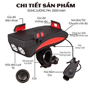 Đèn Pha LED Xe Đạp Siêu Sáng Chống Nước Có Sạc Điện USB Kèm Giá Đỡ Điện Thoại Và Còi Xe Đạp T6, Hỗ Trợ Sạc Lại Điện Thoại Khẩn Cấp Giúp Đạp Xe An Toàn Ban Đêm - Hàng Chính Hãng