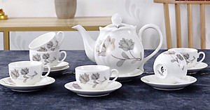 BỘ ẤM CHÉN KÈM 7 ĐĨA SỨ CAMELIA PHA TRÀ HỌ TIẾT HOA BẠC SANG TRỌNG ( GIAO NGẪU NHIÊN ) - ANTH248