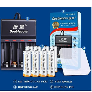 Combo Sạc Tự Ngắt Thông Minh UK83 Đổi Đèn Khi Sạc Đầy Kèm 8 Pin Doublepow 3200Mah Dung Lượng Chuẩn