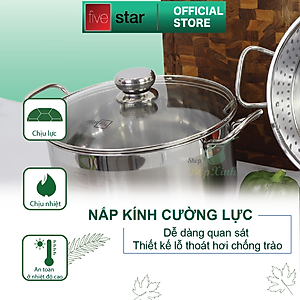 Bộ nồi xửng hấp inox 430 FiveStar Standard 3 đáy bếp từ nắp kính tặng 2 muỗng canh ( 26cm/28cm/30cm/32cm)