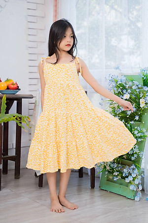 Váy đầm thun hai dây mầu vàng cho bé gái Sora Chan - M001