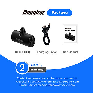 Sạc dự phòng Energizer 4,600mAh 3.6V Li-ion UE4600PQBK,Sạc nhanh PD 22.5W, bảo hành 24 tháng 1 đổi 1 - Hàng chính hãng
