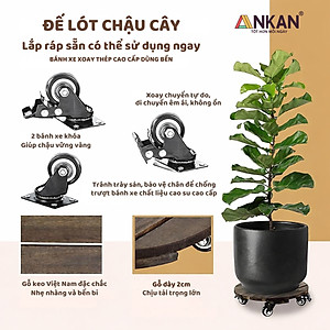 Đế Lót Chậu Cây Có Bánh Xe ANKAN - Hình Tròn D30cm, Gỗ Tràm Bông Cao Cấp, Chịu Tải 120kg (Màu Xám Đen)