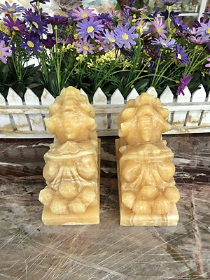 Cặp Tỳ Hưu phong thủy với đôi mắt đỏ đá ngọc hoàng long có đế - Dài 15 cm