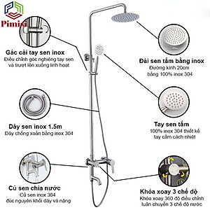 Bộ vòi hoa sen cây tắm đứng nóng lạnh inox 304 kiểu tròn Pimisi đầy đủ phụ kiện với bát sen to - bát nhỏ cầm tay tăng áp dùng được cho cả nhà tắm nhỏ và thấp | Hàng chính hãng