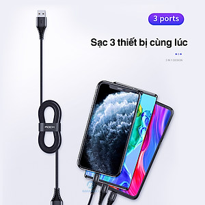 Dây cáp sạc nhanh 3 đầu ip typeC micro Rockspace Hi-Tensile dây dù sạc 3 thiết bị cùng lúc hàng chính hãng BH 12 tháng