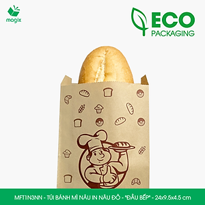 MFT1N3NN - 24x9.5x4.5 cm - 200 Túi bánh mì Nâu, in sẵn họa tiết ĐẦU BẾP - Bao bánh mì Túi giấy thực phẩm an toàn