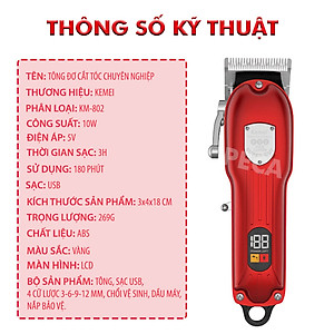 Tông đơ cắt tóc chuyên nghiệp KEMEI KM-802 công suất mạnh mẽ 10W có màn hình LCD hiển thị thông minh, sử dụng sạc USB sạc nhanh pin trâu 3h, tăng đơ, tondor dùng cho gia đình, salon tiệm tóc barber - hãng phân phối chính thức