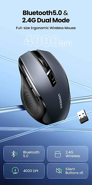 Ugreen UG90855MU006TK 4000dpi 2.4Ghz Bluetooth Chuột không dây + Bluetooth Ergonomic Mouse không kèm pin AA - HÀNG CHÍNH HÃNG