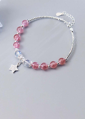 Vòng tay đá thạch anh dâu phối xà cừ xám và charm sao - Ngọc Quý Gemstones