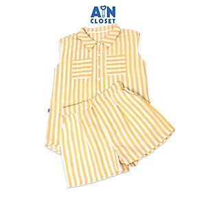 Bộ quần áo ngắn cho mẹ họa tiết Kẻ vàng trắng cổ sơ mi linen cotton - AICDMEXU7K6V - AIN Closet