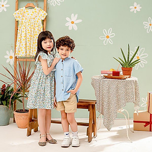 Áo sơ mi bé trai xanh dương cổ Tàu chất linen đũi mềm mịn mát hè thu MamLa