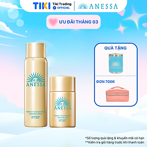 Bộ đôi Kem chống nắng dạng xịt dưỡng da bảo vệ hoàn hảo + Kem chống nắng dạng sữa dưỡng da kiềm dầu bảo vệ hoàn hảo (Anessa Gold Spray 60g + Gold Milk 20ml)