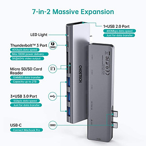 Hub type c chia cổng  Dual Type-C 7 in 1 hỗ trợ sạc nhanh 100W cho Macbook / laptop Type-C hiệu CHOETECH M23 ra 3 cổng USB 3.0, 1 cổng USB 2.0, Cổng đọc thẻ SD & Micro SD, sạc nhanh chuẩn Thunderbolt 3 0 - Hàng chính hãng