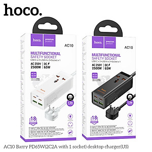 Ổ cắm điện đa năng sạc nhanh PD 65W cổng typeC + QC18W có 2*USB + 2*Type-C có 1 lỗ cắm tải 2500W dây dài 1.5m AC10 - hàng chính hãng