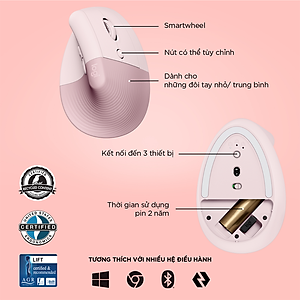 Chuột công thái học không dây Logitech Lift Vertical - Bluetooth|USB Logi Bolt, Silent giảm ồn, 4 nút tùy chỉnh, tương thích với Windows/macOS/iPad/PC - Hàng chính hãng