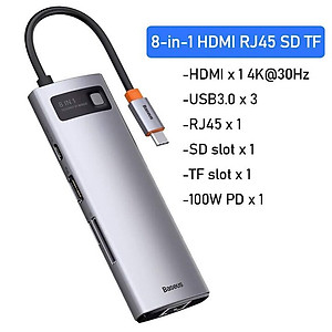 Hub chuyển đổi đa năng 8 trong 1 Baseus CAHUB-CV0G ( Type-C to HDMI/ USB3.0/ LAN / SD Card Reader/ Type C PD 100W, Multifunctional HUB) - HÀNG CHÍNH HÃNG