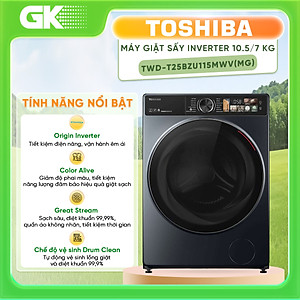 Máy giặt sấy Toshiba Inverter giặt 10,5 kg - sấy 7 kg TWD-T25BZU115MWV(MG) - Hàng chính hãng - Chỉ giao HCM