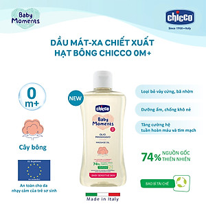 Dầu mát-xa chiết xuất hạt bông cho bé 0M+ Chicco 200ml - Tặng sữa tắm gội chiết xuất yến mạch Chicco 0M+ 50ml