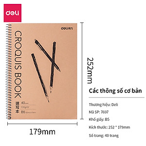 Sổ Vẽ Phác Thảo Deli 40 Trang - Gáy Lò Xo - Khổ Ngang A4/B5 - Giấy Định Lượng 100Gsm / 110Gsm - 7696 / 7697 / 73632