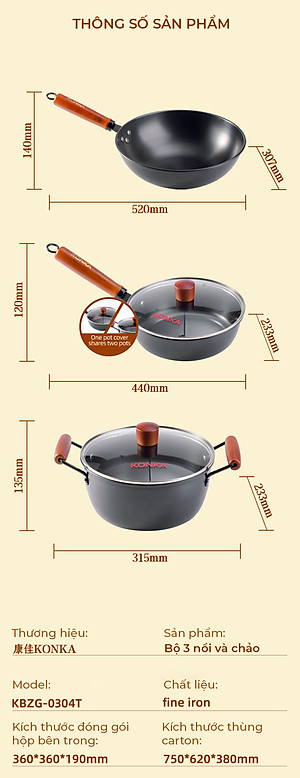 Bộ nồi chảo chống dính Konka Mẫu Mới thép tôi bóng, chống dính chống mài mòn-Hàng nhập khẩu
