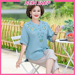 Áo sơ mi nữ trung niên thêu hoa cao cấp tặng mẹ, chất liệu mềm mát form rộng bigsize, áo kiểu NeSa Shop, SMH.60