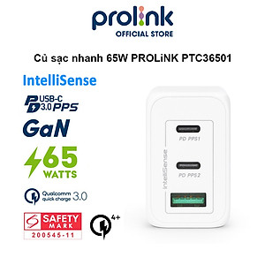Củ sạc nhanh 65W PROLiNK PTC36501, 3 cổng (USB-A QC 3.0 & 2USB-C PD 3.0) IntelliSense, dùng cho điện thoại, iPad, Laptop - Hàng chính hãng