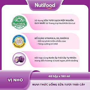 Thùng 48 hộp Thức Uống Sữa Tươi Trái Cây Tươi Nuvi Vị Nho 180ml - Tăng Cường Chiều Cao, Phát Triển Trí Não