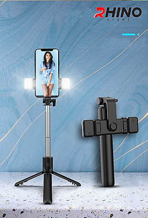 Gậy chụp ảnh cầm tay, kệ đỡ điện thoại 3 chân Rhino KP101 kèm bóng đèn LED với 6 thanh inox dài - Hàng chính hãng