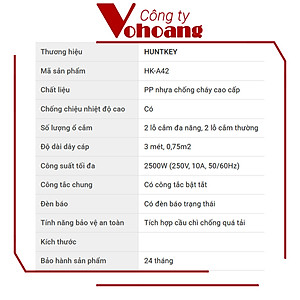 Ổ cắm điện 4 lỗ cắm Huntkey HK-A42 dây dài 3 mét, chịu tải 2500W với 2 lỗ cắm đa năng - Hàng chính hãng