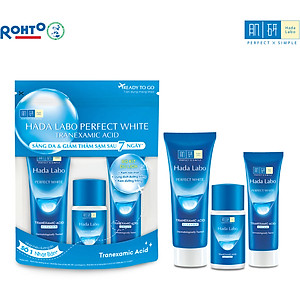 Bộ travel size dưỡng trắng Hada Labo Perfect White Tranexamic Acid Travel Set (Kem rửa mặt 15g+Dung dịch dưỡng 20ml+Kem dưỡng 12g)