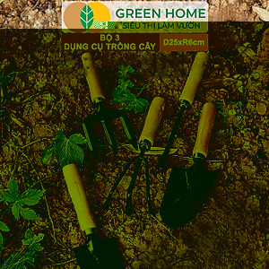 Dụng Cụ Làm Vườn Greenhome, D25cm, Cán Gỗ, Lưỡi Thép, Gồm Xẻng Xúc Đất, Cào, Chĩa, Trồng Cây, Làm Cỏ Dễ Dàng