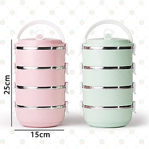 Hộp Cơm Cặp Lồng Cà Mèn Giữ Nhiệt Thức Ăn 4 Tầng Lúa Mạch Ruột Inox  Có Thể Tách Rời 1/2/3 Tầng Tùy Ý - Hàng chính hãng 