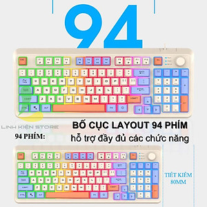 Bàn phím giả cơ gaming XUNFOX K82 - Bàn phím chơi game thiết kế 94 phím có đèn led 7 màu kèm theo nút vặn âm lượng - Hàng nhập khẩu