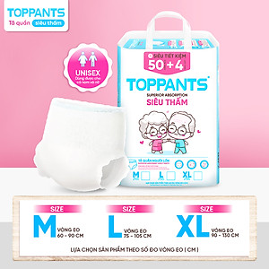 Tã/Bỉm Quần người lớn TOPPANTS Siêu Thấm, Chống Trào, Kháng Khuẩn Size M/L/XL (54 Miếng)