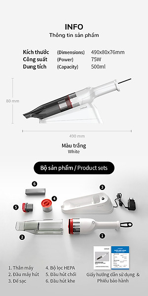 Máy hút bụi cầm tay mini Locknlock ENV136WHT Mini vacuum cleaner - 14V, 500mA, 75W - Dung tích 0.5L- Hàng chính hãng