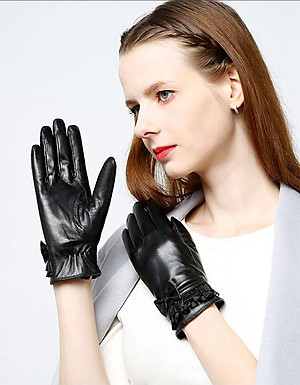 Găng tay nữ da cừu phối nơ nữ tính - BHY8714 Bao tay nữ mùa đông, lót lông, giữ ấm, cản gió, chống nước, cảm ứng điện thoại.