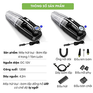 Máy hút bụi kèm máy bơm lốp ô tô máy bơm lốp ô tô 12V có đèn pin