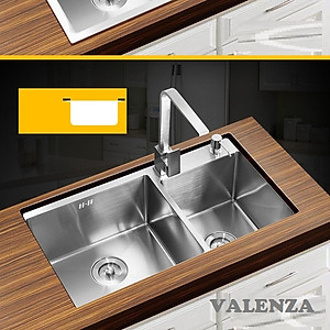Combo chậu rửa chén bát inox Valenza 7843 hai hố lệch, vòi rửa bát đầu rút 02, bộ xả chậu, rá inox đa năng, bình xà phòng