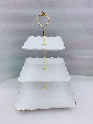 KHAY SỨ ĐỰNG BÁNH KẸO HOA QUẢ 3 TẦNG TRẮNG HOA DẬP NỔI - ANTH618