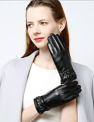 Găng tay nữ da cừu phối nơ nữ tính - BHY8714 Bao tay nữ mùa đông, lót lông, giữ ấm, cản gió, chống nước, cảm ứng điện thoại.