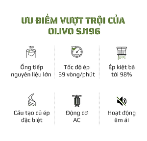 Máy Ép Chậm Olivo SJ196 – Ống Tiếp Nguyên Liệu Lớn 13cm – Động Cơ AC Cao Cấp