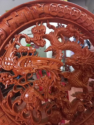 Đĩa trang trí phong thủy trạm khắc tứ linh bằng gỗ hương đá mặt rộng 40×4cm