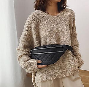 Túi Đeo Chéo Bao Tử Da Hàn Quốc Nữ Thêu Chỉ Nổi Hình Quả Trám Đen